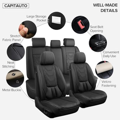 Car Seat Covers Full Set, Black Seat Covers for Car with Lumbar Support, Faux Leather Waterproof Seat Covers 5 Seats, Breathable Automotive Seat Covers Fit for Most Cars SUV Truck