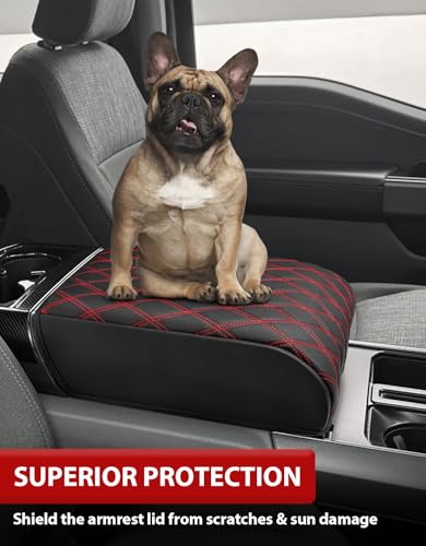 KBH Center Console Armrest Cover for 2021-2026 Ford F150, Middle Console Lid Protector, Arm Rest Box Cushion, Anti-Scratch, Black-Red Stitch (Fits Bucket Seat Console Only) - size: Bucket Seat, 21-26 F150, Red Stitch