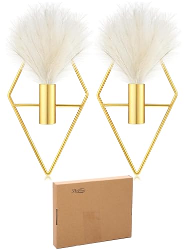 2 Pcs Boho Wall Decor Metal Gold Wall Art Hanging Planters with Artificial Pampas Modern Home Decor Display Art for Living Room Bedroom Bathroom(Rhombus) - style: Rhombus