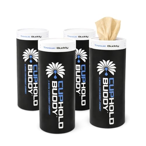 Cupholdbuddy Bamboo Car Cup Holder Tissues, 3-Ply Refillable Car Tissue Box, Plastic-Free & Non-Toxic, Fits Most Vehicle Cup Holders, Eco-Friendly, Pack of 4
