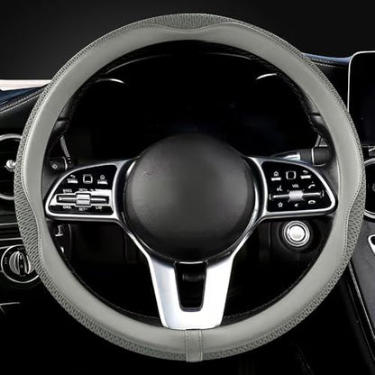 Car Steering Wheel Cover, Universal 15 inch, The Latest Microfiber Leather Breathable Technology Fabric, Non-Slip, Comfortable, Warm in Winter and Cool in Summer, Grey - color: Grey
