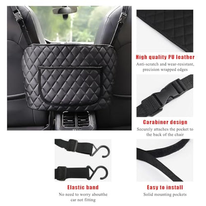Car Handbag Holder Between Seats, Leather Large Capacity Front Seat Handbag Storage Organizer, Automotive Interior Storage Pocket for Cell Phone Document, Car Accessories