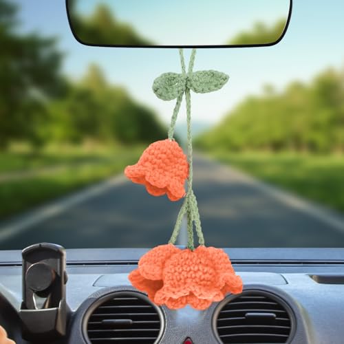 Crochet Lily of The Valley Mirror Hanging Ornament for Cars, Cute Hand Knitted Flower Rear View Mirror Car Charm, Hanging Pendant Decor Car Accessories for Women (Orange) - color: Orange