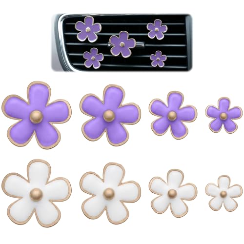 8PCS Purple Car Decor Daisy Flower Car Air Freshener, Air Vent Clip Cute Decorations Interior Decor Accessories Gifts for Women Bathroom Office (White and Purple, 3.4cm 3cm 2.3cm 1.2cm) - color: White and purple