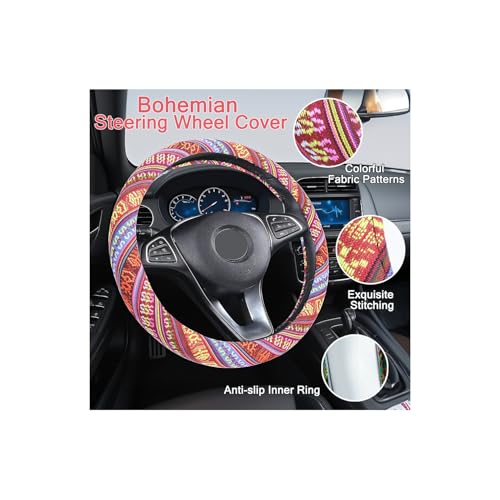 Boho Steering Wheel Cover Set, Seat Belt Cover and Armrest Pad Bohemian Cloth Car Steering Wheel for Women Flax Ethnic Style Steering Wheel Accessories Cover Anti-Slip Fits 14 1/2-15 Inch - Red - color: Brown