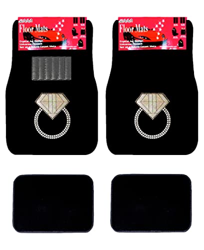 ALLBrand Universal Fit FrontRear 4-Piece Full Set Crystal Bling Rhinestone Design Studded Carpet Car SUV Truck Floor Mats (Diamond Ring-Black), KAM - color: Diamond Ring-Black