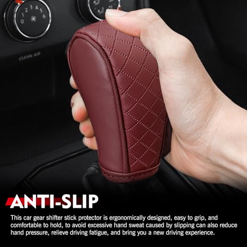 Car Gear Shift Knob Protector, Leather Anti-Slip Anti-Scratch Breathable Automatic Transmission Shift Knob Cover with Velcro, Universal for Car SUV Truck (Red) - color: Red