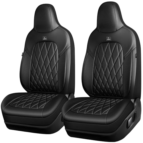 CAR PASS Nappa Leather High Back Front Seat Covers, Tesla Model 3 Model Y Breathable Faux Leather Front Bucket Seat Covers, Anti-Slip Airbag Compatible Universal Fit for Sedan SUV Van Truck, Black - color: Black High Back, size: Two Front