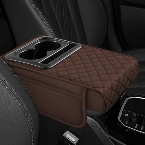 Hovom Car Center Console Cover, 13.39"×7.87"×2.76" Leather Armrest Cover for Cars, Memory Foam Armrest Pillow with Pocket, Cup Holder & Phone Slot, Universal Vehicle Arm Rest Cushion Pad (Coffee) - color: Coffee