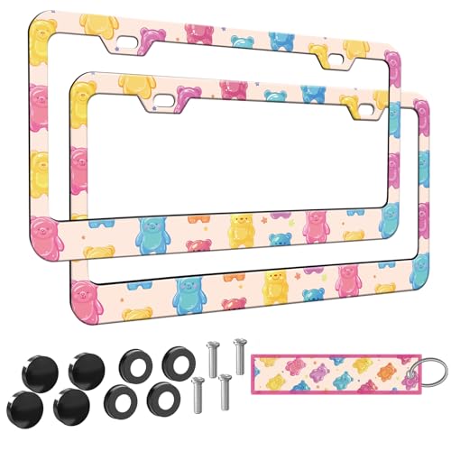 2pcs Colorful Gummy Bears License Plate Frame for Women,Hot Pink Yellow Blue Bears Pattern Car Decorative Tag Frames Girly, License Plate Cover Holder for Vehicle with Car Keychain Tag - color: for Gummy Bear, size: 2pcs