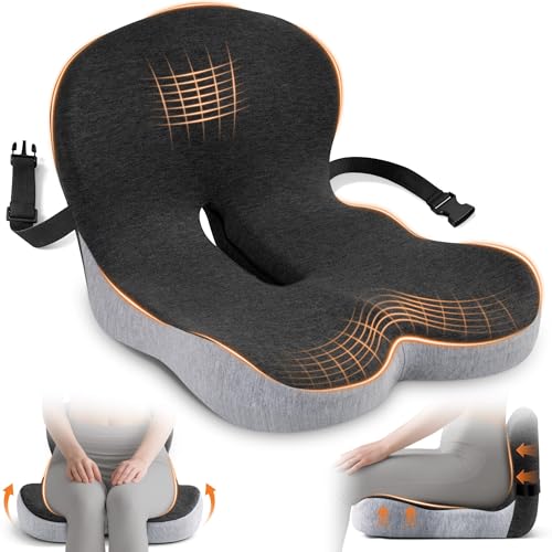 Seat Cushion, Office Chair Cushions for Tailbone Relief, Seat Cushions for Office Chair with L-Shaped Ergonomic Design & Adjustable Strap, Memory Foam Chair Cushion for Long Sitting Worker(Black Gray)