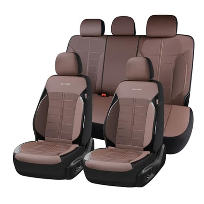 Coverado Full Set Leather Car Seat Covers, Crafted with Full Leather Construction and Carbon Fibre Weave Universal Fit for Most Cars SUV Trucks(Coffee - color: Coffee, size: FullSet