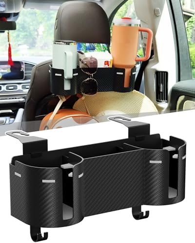 Car Headrest Backseat Cup Holder 3.7" with Organizer, High Capacity 4 in 1 Seat Back Organizer with Headrest Hooks, Multifunctional Storage for Car Travel Accessories Compatible with Most Vehicles - color: GREY+BLACK, size: 1 Pack