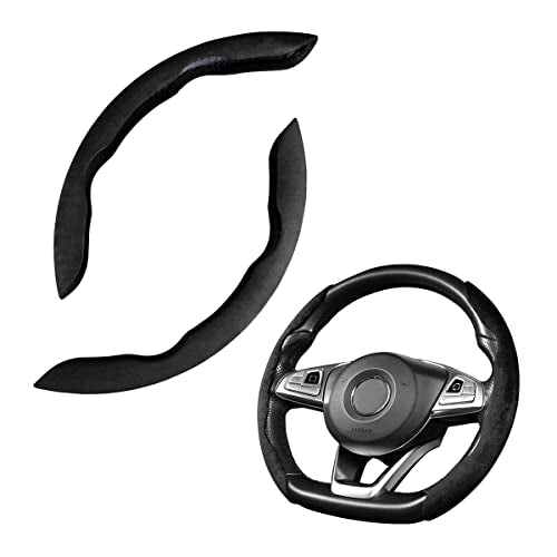 Car Steering Wheel Cover, Microfiber Suede Leather and Carbon Fiber Double Sided Design, Warm in Winter and Cool in Summer, Breathable Non Slip Segmented Protector for Most Cars (Turn Fur/Black) - color: Turn Fur/Black