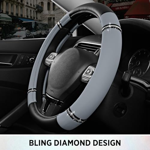 Road Comfort Leather Steering Wheel Cover – Premium Anti-Slip Car Steering Wheel Grip Cover – Universal Fit for 14.5”–15” Cars, Trucks & SUVs - Gray - color: Gray