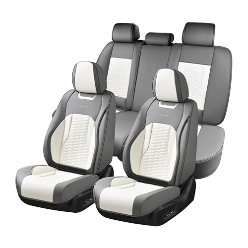 Coverado Seat Covers for Cars, Luxury Leather Seat Covers Full Set, Waterproof Automotive Seat Covers Protector Universal Fit for Most Sedans, SUVs, Pick-up Trucks(Gray&White) - color: White&Gray, size: FullSet