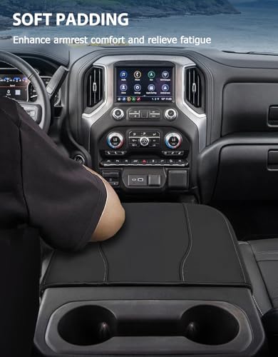 Center Console Cover for Chevy Silverado 1500 Accessories & GMC Sierra 2019-2026, Yukon & Tahoe & Suburban 2021-2026, Bucket Seat Only, Vinyl Armrest Middle Console Cover, Black-Gray Stitch - color: Black with gray stitching