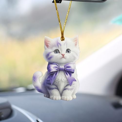 2D Flat Cat Car Rear View Mirror Charm, Acrylic Car Rear View Mirror Hanging Ornament, Christmas Tree Decoration Present, Auto Interior Pendant Accessories for Window (Purple Cat) - color: Purple Cat