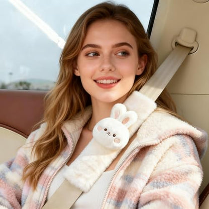 2 PCS Seat Belt Cover Pad, Cute Kawaii Animal Bunny Seatbelt Covers for Kids and Adults, Winter Plush Fluffy Soft Seat Belt Cover, Cartoon Seatbelt Cushion,Car Seat Strap Pads (F-Bunny)