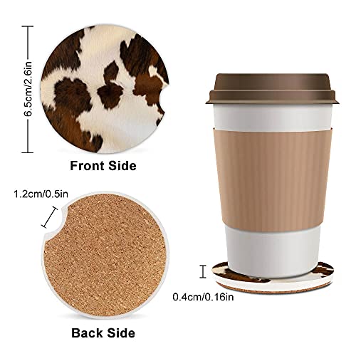 Absorbent Car Coasters 2 Pack for Women/Men,Cow Hide Car Coaster for Drinks,Ceramic Stone Car Cup Holder with A Finger Notch,Farm Animal Brown Cowhide Skin Print Cow - color: Cow Hide