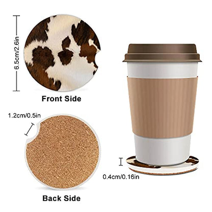 Absorbent Car Coasters 2 Pack for Women/Men,Cow Hide Car Coaster for Drinks,Ceramic Stone Car Cup Holder with A Finger Notch,Farm Animal Brown Cowhide Skin Print Cow - color: Cow Hide