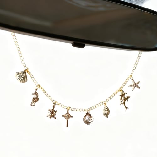 Rearview Mirror Charm for Car Gold Car Mirror Hanging Accessories with Cross Shell Turtle Dolphin, Christian Cars Accessories for Women,Cross Auto Charm Faith Decor,Religion Gifts for Drivers - color: Gold Ocean