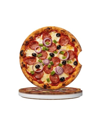 Car Cup Holder Coasters, 2 Pcs Ceramic Coasters with Cork Back and Finger Slot, Anti-Slip Shock Absorbing Woman and Men Universal Car Accessories - Pizza - color: Pizza