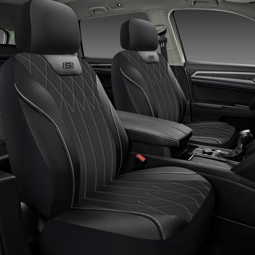 Skechers Seat Covers Memory Foam-Piping Leather Car Seat Covers,Ultimate Comfort & Support Front Seat Covers Airbag Compatible, Automotive Universal Fit Most for SUVs, Vans, Sedans, Cars, Trucks,Grey - color: Grey