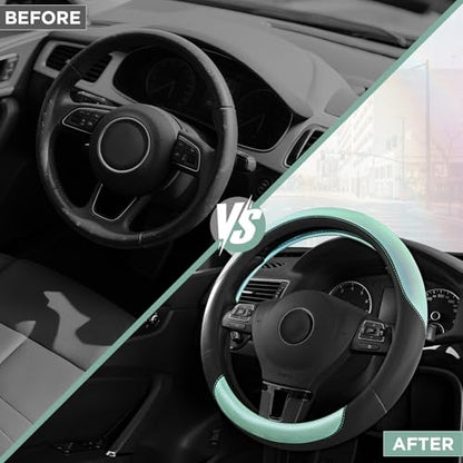 Road Comforts Steering Wheel Cover – Breathable Leather Steering Wheel Cover, Anti-Slip Grip, Universal Fit 14.5” to 15”, Heat & Cold Resistant for Cars, SUVs, and Trucks – Black & Shining Light Blue - color: Black&Light Blue
