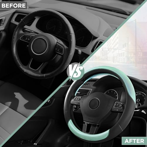 Road Comforts Steering Wheel Cover – Breathable Leather Steering Wheel Cover, Anti-Slip Grip, Universal Fit 14.5” to 15”, Heat & Cold Resistant for Cars, SUVs, and Trucks – Black & Shining Light Blue - color: Black&Light Blue