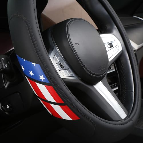 Microfiber Leather Steering Wheel Covers Compatible with Toyota 4Runner Tacoma Tundra Highlander Non-Slip, Breathable 15-16.5 inch - American Flag - color: color-02-flag-a