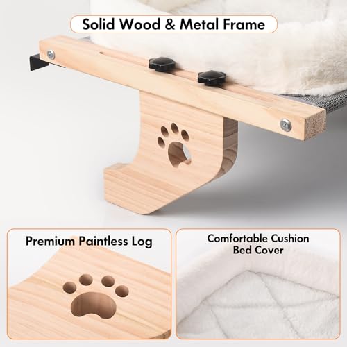 AMOSIJOY Cat Sill Window Perch Sturdy Hammock Seat with Cushion Bed Cover, Wood & Metal Frame for Large Cats, Easy to Adjust Windowsill, Bedside, Drawer and Cabinet(Cushion Bed) - color: White, size: 24.4''L X 15''W