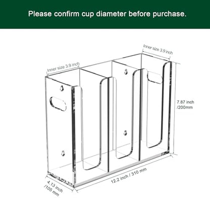 Disposable Coffee Cup Dispenser with Handles, Countertop or Wall Mount Hot/Cold Drink Cup and Lid Holder - Bathroom/Kitchen/Office Acrylic Cup Lid Storage Organizer (3 Compartments, Clear)