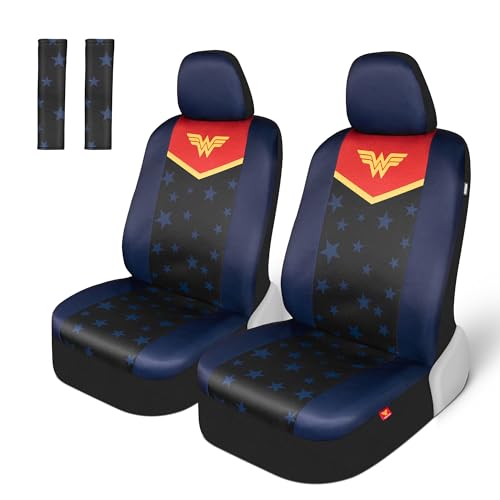 Warner Bros DC Comics Wonder Woman Car Accessories Seat Covers - Front Pair Includes Removable Head Cover, Matching Seat Belt Pads, Side Airbag Compatible, Universal Fit, Waterproof - size: 2 Front, style: Wonder Woman