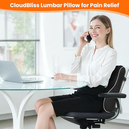 CloudBliss Ergonomic Lumbar Support Pillow – Memory Foam for Lower Back Pain Relief, Adjustable Straps & Mesh Cover for Office, Gaming, Car Seat & Home Essentials (Black)
