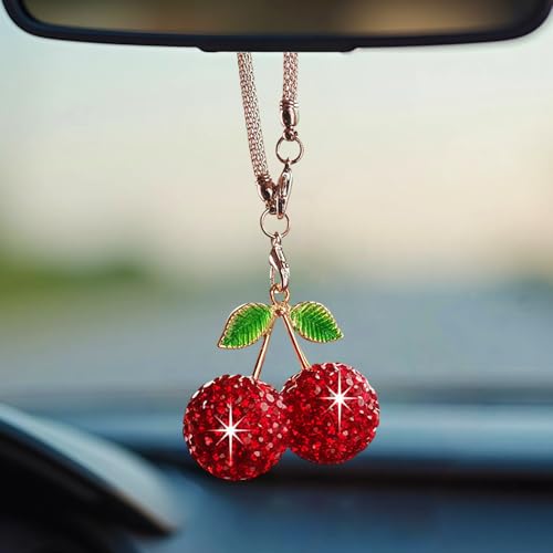 Bling Cherry Car Hanging Ornament, Cute Crystal Rear View Mirror Pendant, Sparkly Diamond Rearview Mirror Charms, Lucky Car Interior Decor Accessories (Red) - color: Red Cherry