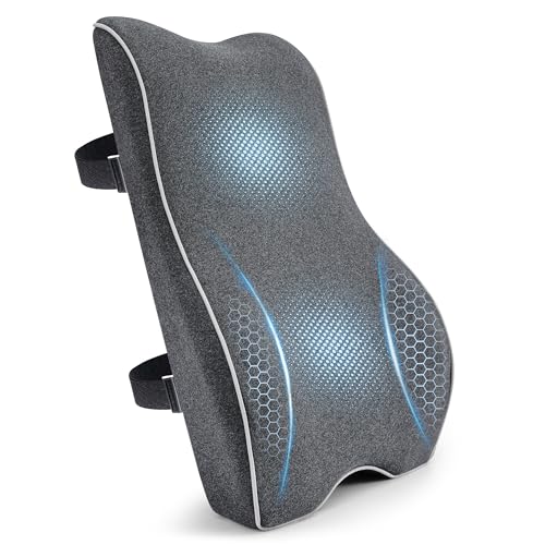 Plush Comfortable Memory Foam Lumbar Support Pillow - Soft Back Cushion for Office Chair, Car Seat, Gaming Chair - Ergonomic Lower Back Pain Relief with Adjustable Straps & Washable Cover-Dark Grey