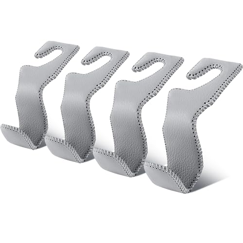 EldHus Car Seat Hooks for Purses and Bags, 4 Pack Car Purse Holder for Grocery Bag Handbag Clothes, Metal Headrest Hooks Covered by Leather, Gray - color: Gray, size: 4