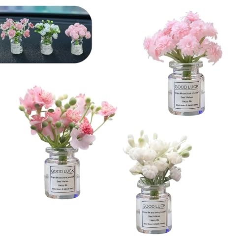3 PCS Mini Flower Car Dashboard Decor, Cute Daisy Cherry Blossom Jasmine Vase Ornaments, Universal Rear View Mirror Dashboard Interior Accessories (Multicolored)
