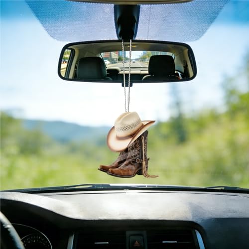 Cute Cowboy Boots Car Hanging Ornament, 2D Flat Acrylic Car Rearview Mirror Charm, Auto Interior Pendant Accessories for Window, Backpack, Keychain, Christmas Tree, Gift, 3.15 x 3.15 inch
