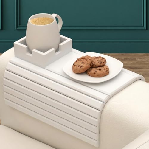 Bamboo Couch Holder - Non-Slip Furniture Protector, Sofa Armrest Table for Mugs & Tumblers – Weighted 16” Large White Bamboo Holder for Recliners and Loveseats - color: White