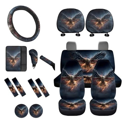 16 Piece Car Interior Cover, Eagle Printed Soft Stretch Front and Back Seat Covers for Cars, Steering Wheel Covers Arm Rest Pads Headrest Cover Seat Belt Pads Coaster Lipstick Holder Keychain - color: Blue and Yellow - Eagle