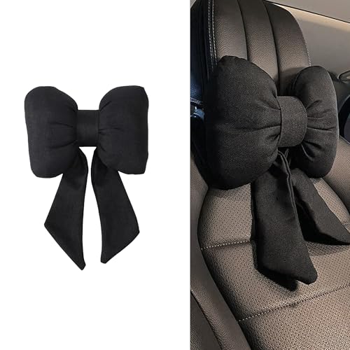 Cute Bow Car Headrest Pillow, Breathable Memory Foam Car Neck Pillows for Relief Neck Fatigue with Adjustable Strap, Universal Head Rest Pillow for Cars Decoration (Black) - color: Black