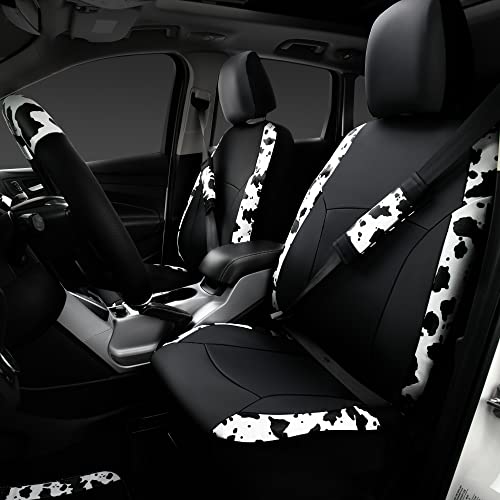 CAR-PASS Cow Print Car Accessories Sets Faux Leather Car Seat Covers & Cow Car Mats & Cow Steering Wheel Cover Seat Belt Pads Universal fit for SUV,Van,Saden,Truck Cute Automobile Interior Sets Women - color: Cow Print Combo
