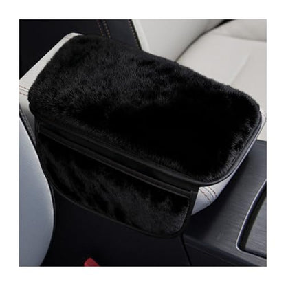Car Armrest Cover, Soft Fluffy Leather Plush Vehicle Center Console Pad with 2 Storage Bags, Furry Automotive Interior Arm Rest Seat Box Cushion Protector Accessories, Universal Fit (Black)