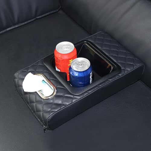 Multi-Functional Adjustable Armrest Cushion - Universal Car Boat Sofa Pad with Built-in Tissue Box & Cup Holder, Faux Leather Storage Organizer for Front/Rear Seats, Yacht, Central Console