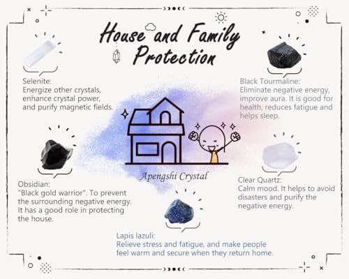 Apengshi Protection Crystal Stone Set for House and Family Protection Set of 5 Pieces Stone Black Tourmaline Clear Quartz Lapis Lazuli Obsidian and Selenite Healing Crystal Stones - color: House and Family Protection