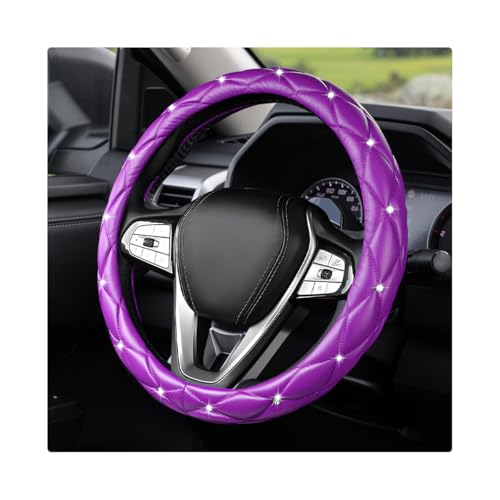 Bling Car Steering Wheel Cover, 15 Inch Diamond Leather Anti-Slip Auto Steering Wheel Protector, Cute Sparkly Rhinestones Wheels Cover Automotive Decoration for Women Girl (Purple) - color: Purple