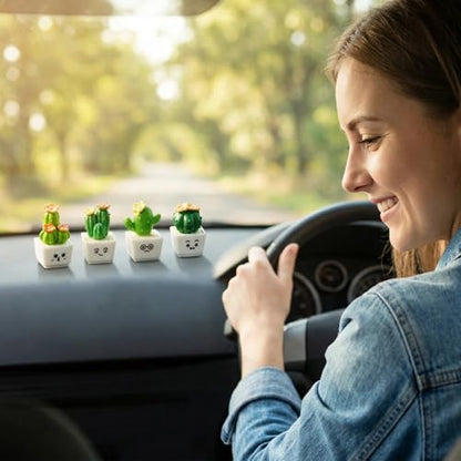 4 Pcs Mini Resin Cactus Figurines, Cute Car Dashboard Decor & Funny Rearview Mirror Ornaments, Fairy Garden Landscape Decor, Unique Gift for Succulent Lovers (Green Emotion Plants)