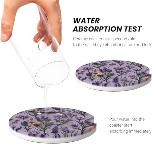 Absorbent Ceramic Car Coasters for Cup Holders, Purple Lavender Flower Design 2.56" Anti Slip Universal Drink Cup Coasters for Women Men (2 Pack) - color: Purple Lavender Flower